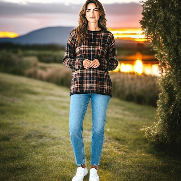 Vintage Mohair Blend Plaid Sweater XL Brown Oversized Boxy Academia Grandpa 80s - Picture 1 of 16